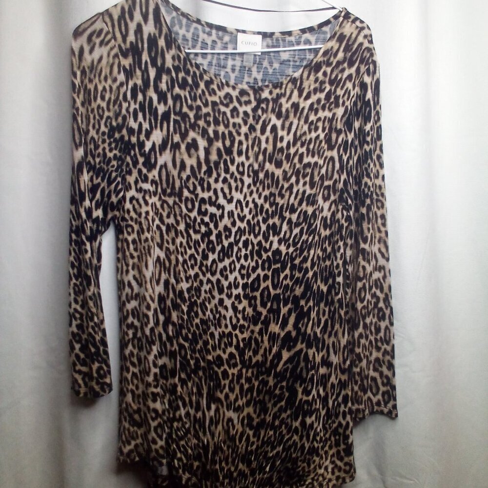 Cupio Blouse M 3/4 Sleeve Scallop Hem Animal Print Brown Black